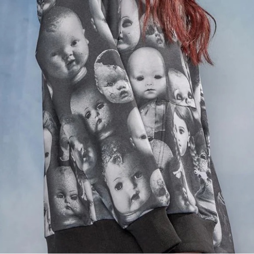 Dolls Kill Gray Artistic Doll Print Crew Neck hoodie
